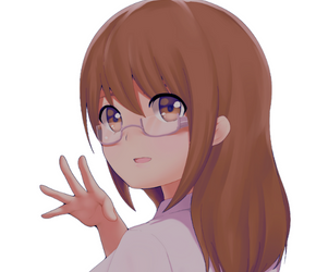 Brunette anime girl in glasses looking and waving over her shoulder